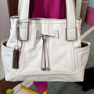Tignanello  shoulder bag  leather white/tan stitching  some trim silver metallic